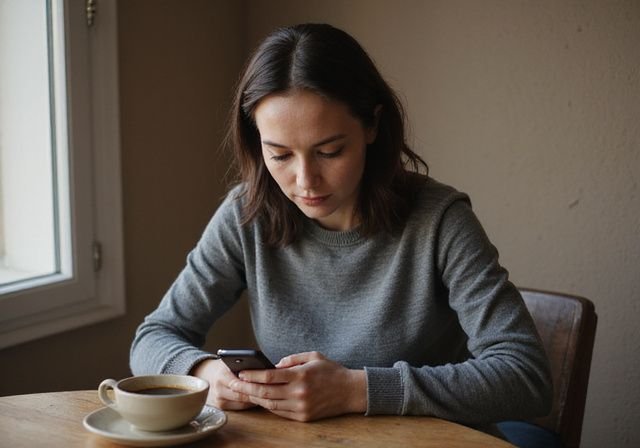 Een vrouw in haar vroege jaren dertig zit aan tafel met een dating-app op haar smartphone.