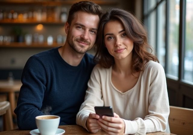 Een man en vrouw gebruiken dating apps in een gezellig café.