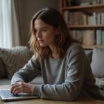 Een vrouw van in de dertig kijkt geconcentreerd naar haar laptop
