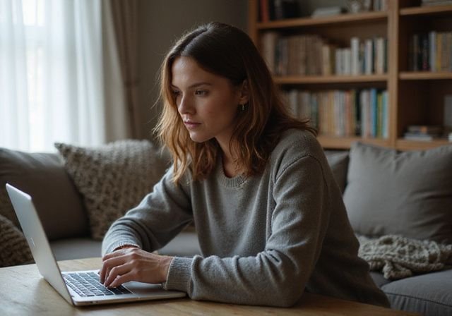 Een vrouw van in de dertig kijkt geconcentreerd naar haar laptop