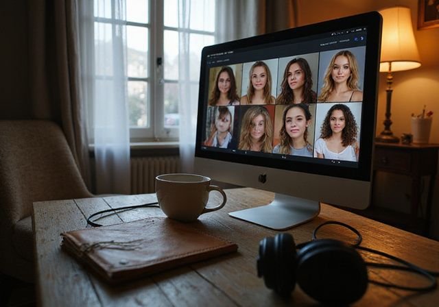 Een slaapkamer met een computermonitor die live webcamshows weergeeft. Een slaapkamer met een computermonitor die live webcamshows weergeeft