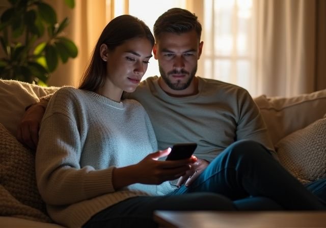 Een paar in hun 30s leest discreet ontmoeting succesverhalen op een telefoonscherm.