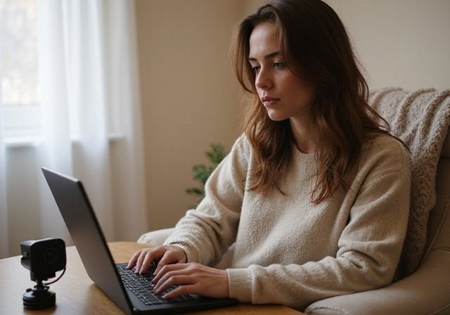 Een Nederlandssprekende vrouw van in de 20, comfortabel chattend op een website. Een Nederlandssprekende vrouw van in de , comfortabel chattend op een website