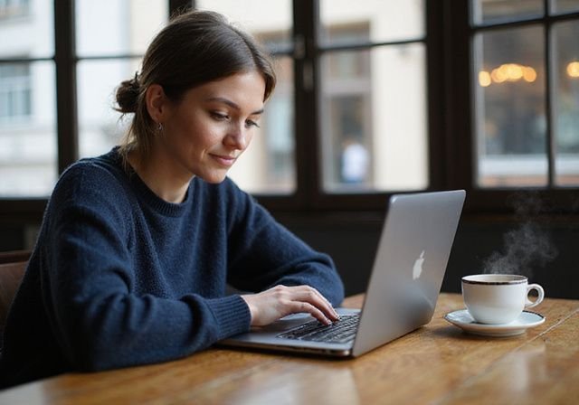 Een vrouw zit in een café met haar laptop en koffie. Een vrouw zit in een café met haar laptop en koffie