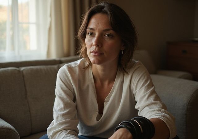 Een vrouw van in de dertig, gekleed in minimalistisch zwart leer. Een vrouw van in de dertig, gekleed in minimalistisch zwart leer