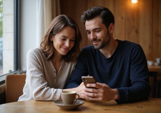 Een man en een vrouw zitten samen in een café, ontspannen en geïnteresseerd.