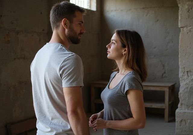 Een man en vrouw in comfortabele kleding staan in een oude kamer. Een man en vrouw in comfortabele kleding staan in een oude kamer