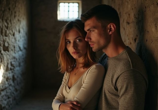 Een man en een vrouw in hun jaren '30, samen in een intieme, gedempte kerkerkamer. Een man en een vrouw in hun jaren