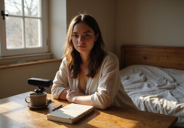 Een jonge vrouw zit aan een bureau in een warm verlichte slaapkamer. Een jonge vrouw zit aan een bureau in een warm verlichte slaapkamer