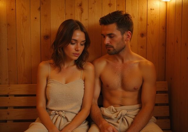Een man en vrouw ontspannen samen in een sauna. Een man en vrouw ontspannen samen in een sauna