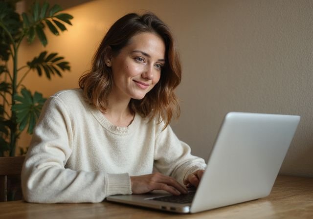Een jonge vrouw glimlacht terwijl ze op haar laptop werkt. Een jonge vrouw glimlacht terwijl ze op haar laptop werkt