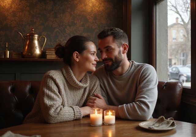 Een vrouw en man zitten dicht bij elkaar in een café. Een vrouw en man zitten dicht bij elkaar in een café