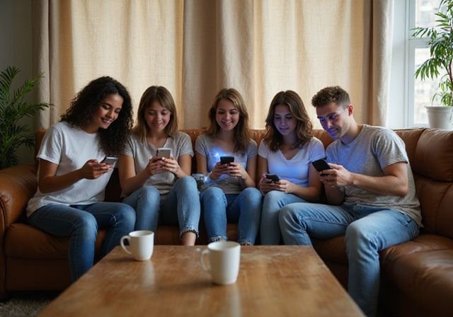 Vijf vrienden in een gezellige woonkamer, bezig met datingapps. Vijf vrienden in een gezellige woonkamer, bezig met datingapps