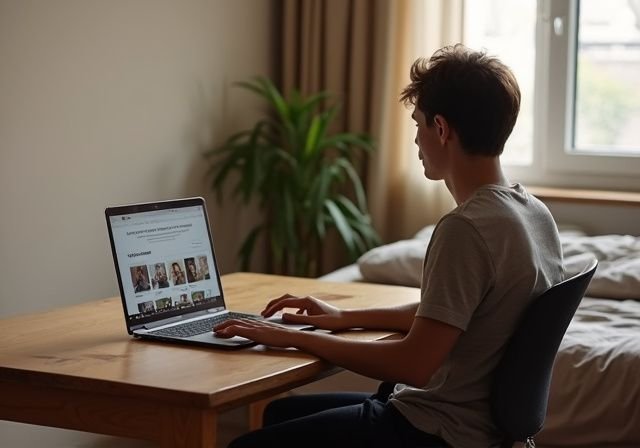Een persoon scrollt op een datingsite op een laptop. Een persoon kijkt op een datingsite naar sexcontacten in de regio in België