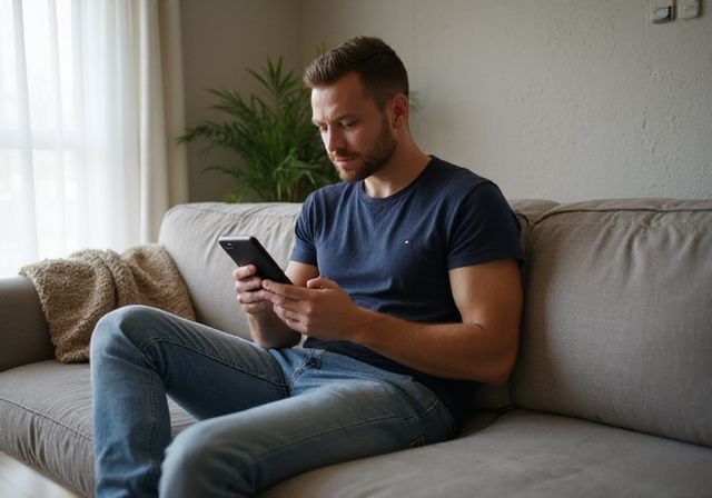Een persoon in een woonkamer gebruikt een smartphone voor een datingapp. Een persoon in een woonkamer gebruikt een smartphone voor een datingapp