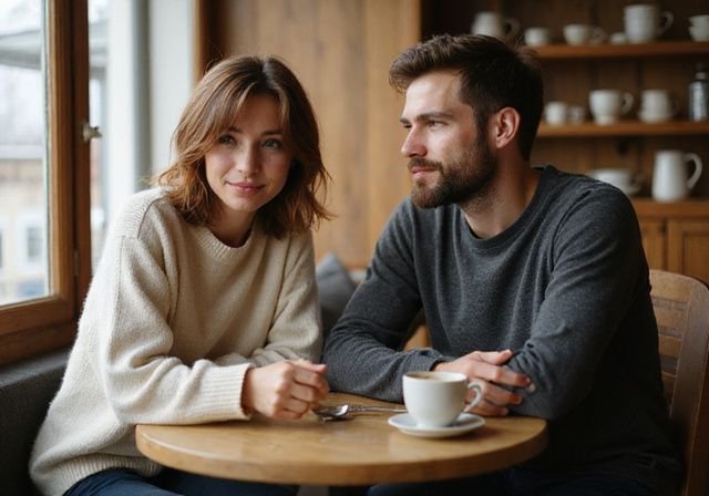 Een vrouw en man genieten van een intieme date in een café. Een vrouw en man genieten van een intieme date in een café