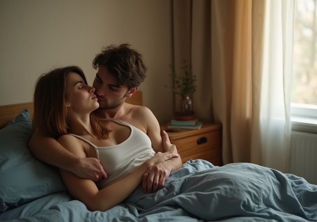 Een jong koppel omarmt elkaar teder in een slaapkamer. Een jong koppel omarmt elkaar teder in een slaapkamer