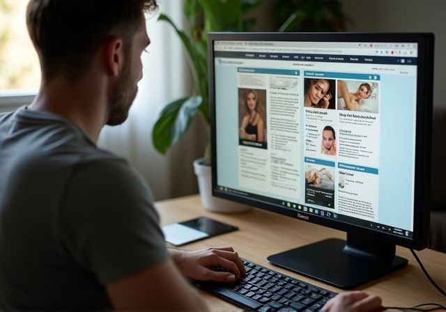 Een persoon kijkt geconcentreerd naar advertenties op een computer. Een persoon kijkt naar sexcontacten in de regio in België
