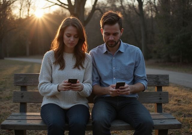 Twee mensen delen een rustige, digitale connectie op een bank. Twee mensen delen een rustige, digitale connectie op een bank