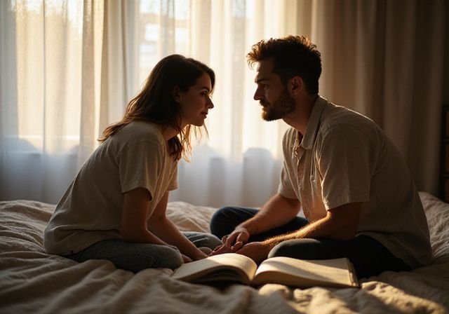 Een vrouw en man delen een intieme en rustige conversatie op bed. Een vrouw en man delen een intieme en rustige conversatie op bed