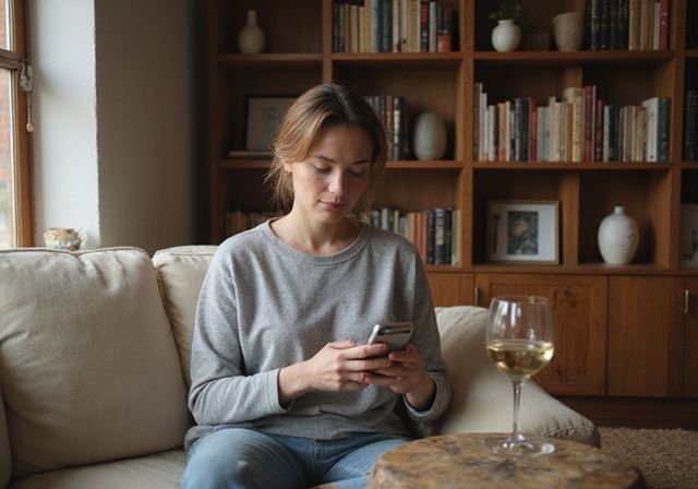 Een vrouw scrollt geconcentreerd op haar smartphone op een bank. Een vrouw scrollt geconcentreerd op haar smartphone op een bank