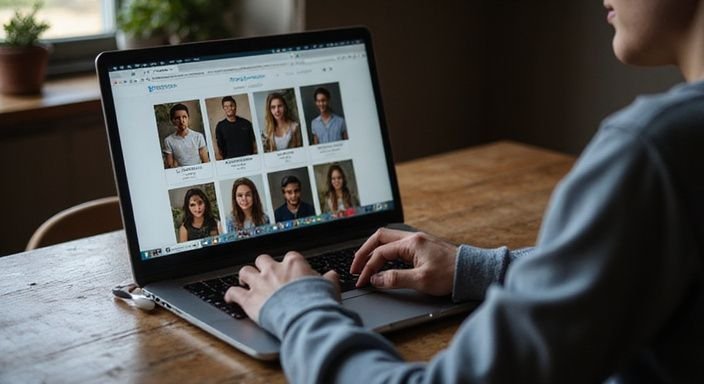 Een laptop met datingwebsites op een houten bureau. Een laptop met datingwebsites op een houten bureau