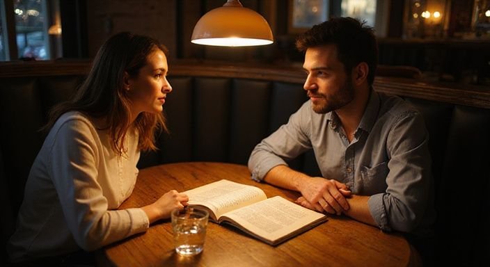 Een vrouw en man studeren samen in een restaurant. Een vrouw en man studeren samen in een restaurant