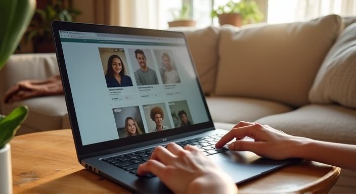 Een laptop toont profielpagina's in een sfeervolle woonkamer. Een laptop toont profielpagina