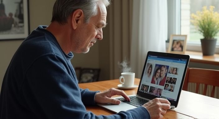 Een man van begin vijftig kijkt naar datingsprofielen op zijn laptop. Een man van begin vijftig kijkt naar datingsprofielen op zijn laptop