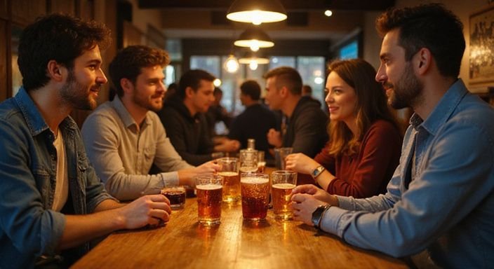 Een diverse groep volwassenen geniet van gesprekken in een gezellige bar. Een diverse groep volwassenen geniet van gesprekken in een gezellige bar