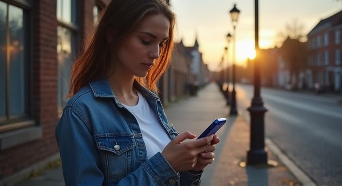 Een vrouw in een denimjack kijkt geconcentreerd naar haar smartphone. Een vrouw in een denimjack kijkt geconcentreerd naar haar smartphone