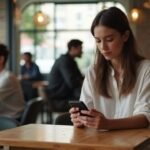 Een vrouw zit in een café en bekijkt haar smartphone