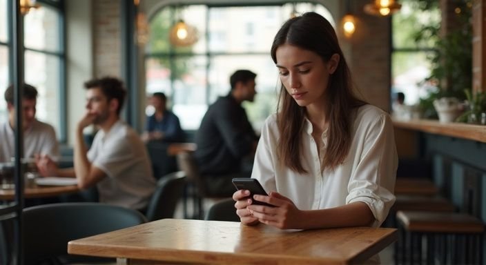 Een vrouw zit in een café en bekijkt haar smartphone. Een vrouw zit in een café en bekijkt haar smartphone