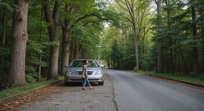Een persoon staat naast een zilveren sedan in een rustige parkeerplaats. Een persoon staat naast een zilveren sedan in een rustige parkeerplaats