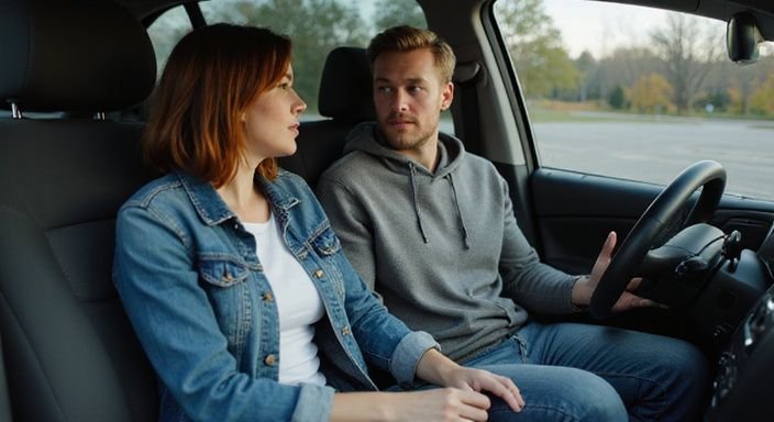 Een stel geniet van een intiem gesprek in een auto. Een stel geniet van een intiem gesprek in een auto