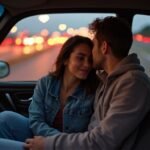 Een intieme, spontane ontmoeting tussen een vrouw en een man in een auto