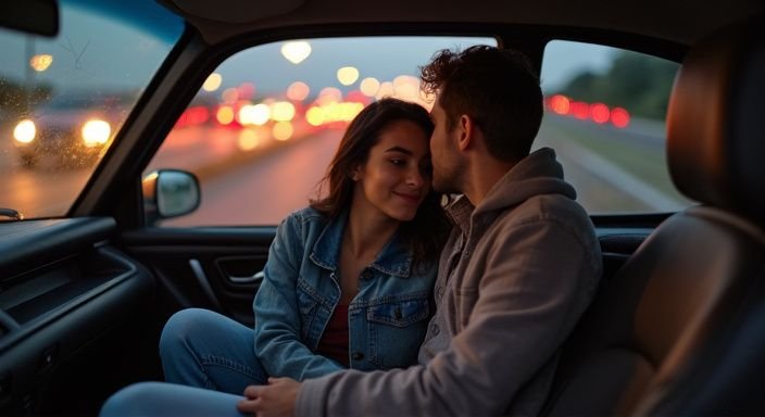 Een intieme, spontane ontmoeting tussen een vrouw en een man in een auto. Een intieme, spontane ontmoeting tussen een vrouw en een man in een auto