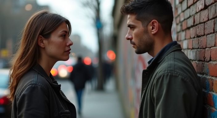 Een man en vrouw hebben een gespannen gesprek op straat. Een man en vrouw hebben een gespannen gesprek op straat