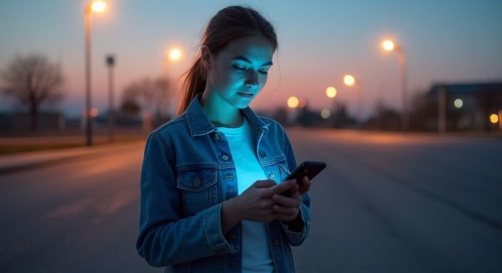 Een vrouw leest tips op haar smartphone in een lege parkeergarage. Een vrouw leest tips op haar smartphone in een lege parkeergarage