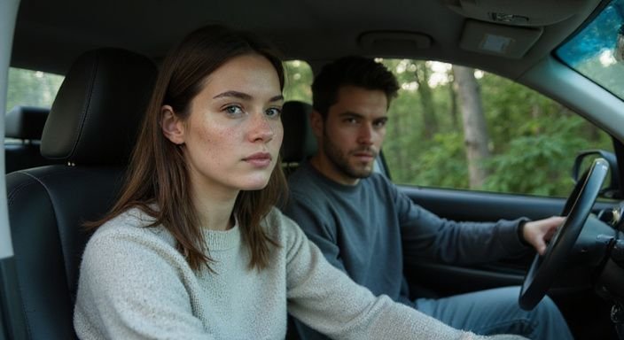 Een jonge vrouw en man zitten gespannen in een stilstaande auto. Een jonge vrouw en man zitten gespannen in een stilstaande auto