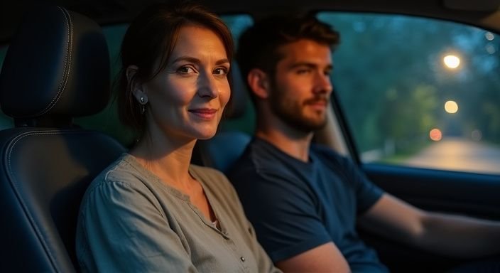 Een vrouw en een man zitten samen in een auto. Een vrouw en een man zitten samen in een auto