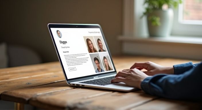 Een opgeruimd bureau met een laptop en een online datingprofiel. Een opgeruimd bureau met een laptop en een online datingprofiel