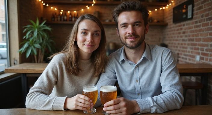 Een vrouw en man genieten samen van Belgische bier in een café. Een vrouw en man genieten samen van Belgische bier in een café