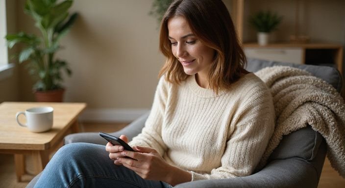 Een vrouw scrollt enthousiast op haar smartphone in een moderne woonkamer. Een vrouw scrollt enthousiast op haar smartphone in een moderne woonkamer