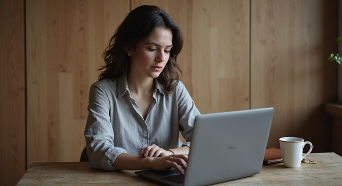 Een vrouw werkt geconcentreerd aan haar laptop aan een houten bureau. Een vrouw werkt geconcentreerd aan haar laptop aan een houten bureau