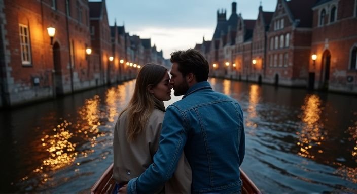 Een stel geniet van een rustige boottocht in de grachten van Gent. Een stel geniet van een rustige boottocht in de grachten van Gent