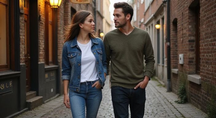 Een vrouw en man wandelen samen door een smalle straat in Gent. Een vrouw en man wandelen samen door een smalle straat in Gent