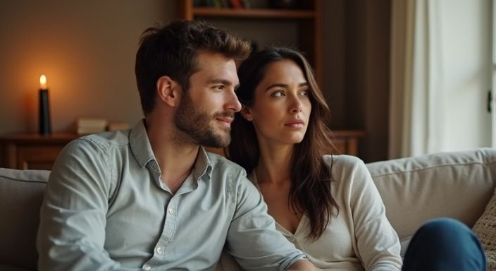Een man en vrouw zitten ontspannen samen in een stijlvolle woonkamer. Een man en vrouw zitten ontspannen samen in een stijlvolle woonkamer