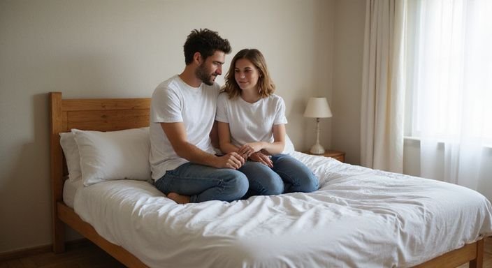Twee jongvolwassenen delen een intiem moment in een comfortabele slaapkamer. Twee jongvolwassenen delen een intiem moment in een comfortabele slaapkamer
