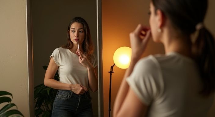 Een vrouw in een blouse en jeans past haar make-up aan. Een vrouw in een blouse en jeans past haar make up aan